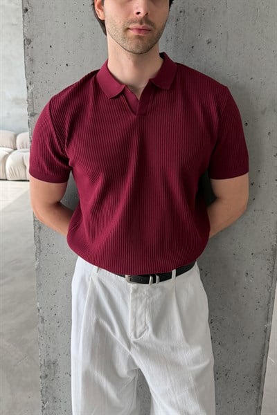 Erkek Petek Desen Polo Yaka Triko T-shirt Bordo