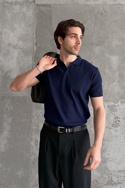 Erkek Petek Desen Polo Yaka Triko T-shirt Lacivert