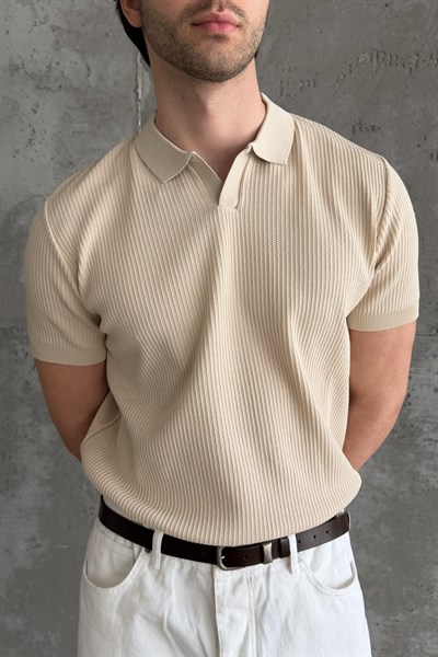 Erkek Petek Desen Polo Yaka Triko T-shirt Bej