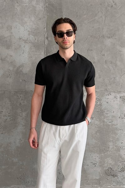 Erkek Petek Desen Polo Yaka Triko T-shirt Siyah