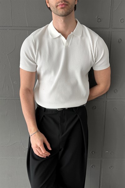 Erkek Petek Desen Polo Yaka Triko T-shirt Beyaz