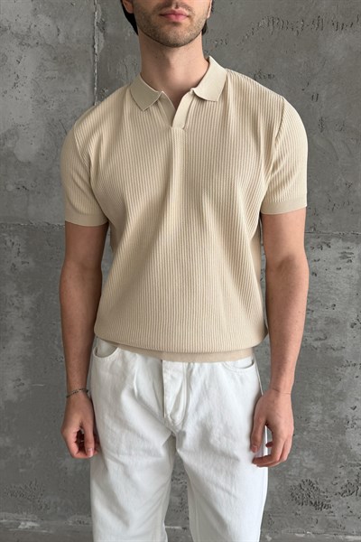 Erkek Petek Desen Polo Yaka Triko T-shirt Bej