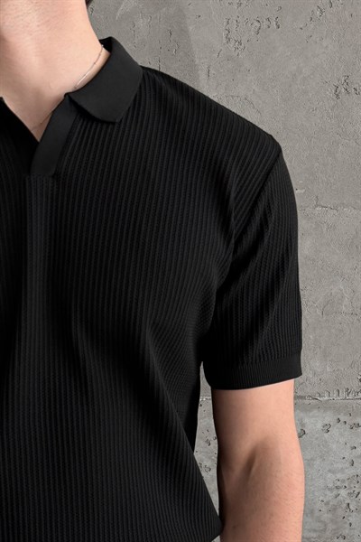 Erkek Petek Desen Polo Yaka Triko T-shirt Siyah