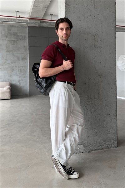 Erkek Petek Desen Polo Yaka Triko T-shirt Bordo