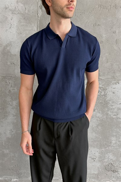 Erkek Petek Desen Polo Yaka Triko T-shirt Lacivert