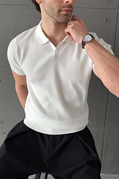 Erkek Petek Desen Polo Yaka Triko T-shirt Beyaz