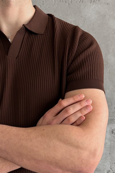 Erkek Petek Desen Polo Yaka Triko T-shirt Kahverengi