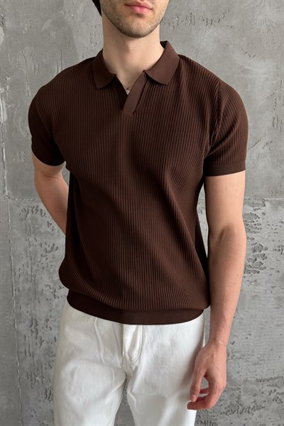 Erkek Petek Desen Polo Yaka Triko T-shirt Kahverengi
