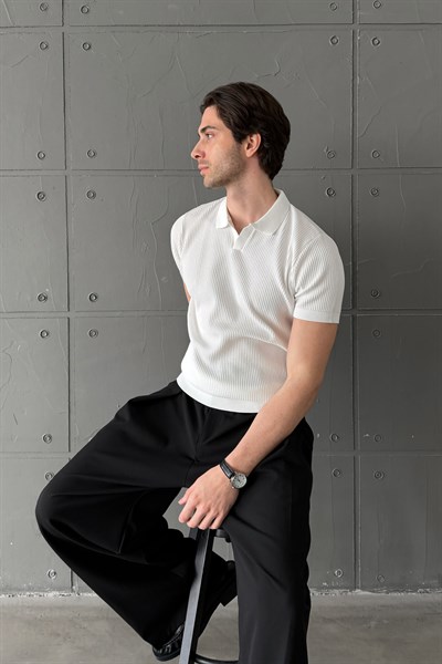 Erkek Petek Desen Polo Yaka Triko T-shirt Beyaz