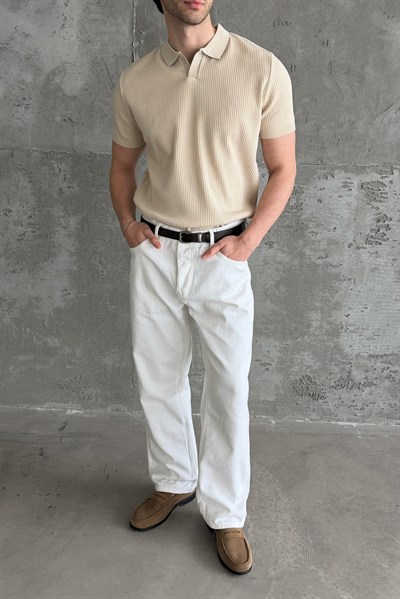 Erkek Petek Desen Polo Yaka Triko T-shirt Bej