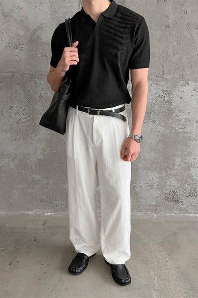 Erkek Petek Desen Polo Yaka Triko T-shirt Siyah
