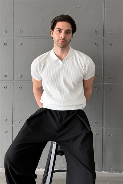 Erkek Petek Desen Polo Yaka Triko T-shirt Beyaz