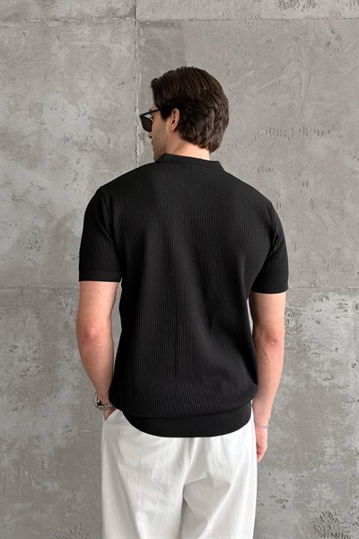 Erkek Petek Desen Polo Yaka Triko T-shirt Siyah