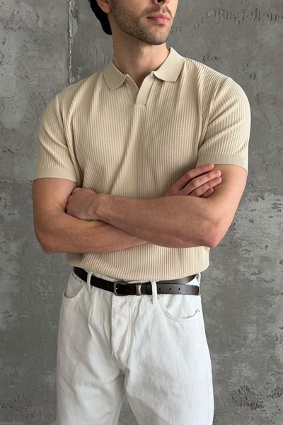 Erkek Petek Desen Polo Yaka Triko T-shirt Bej