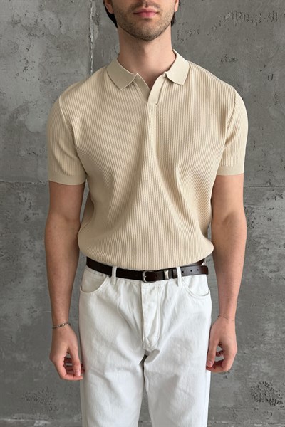 Erkek Petek Desen Polo Yaka Triko T-shirt Bej