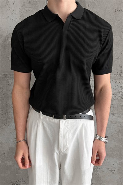 Erkek Petek Desen Polo Yaka Triko T-shirt Siyah