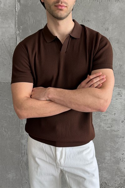 Erkek Petek Desen Polo Yaka Triko T-shirt Kahverengi