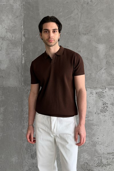 Erkek Petek Desen Polo Yaka Triko T-shirt Kahverengi