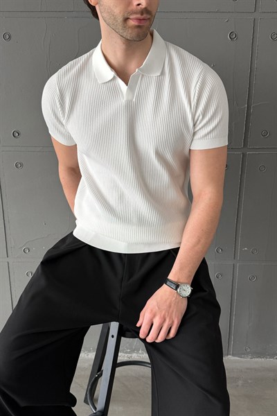 Erkek Petek Desen Polo Yaka Triko T-shirt Beyaz