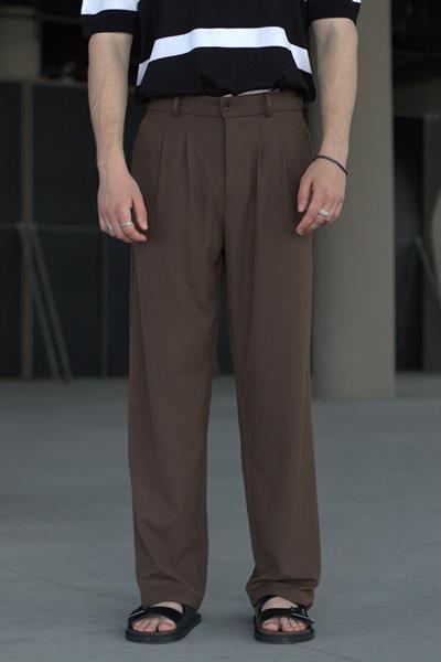 Erkek Pileli Baggy Kalıp Kumaş Pantolon ACIKAHVE