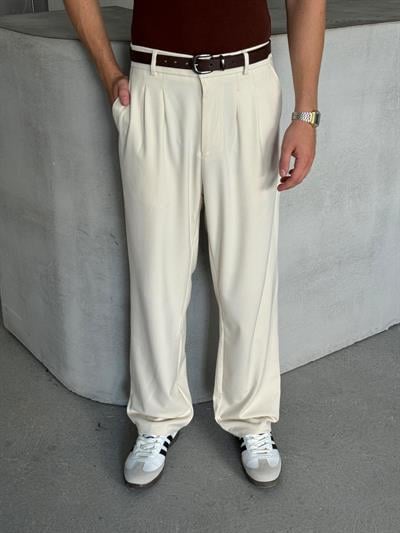 Erkek Pileli Baggy Kalıp Kumaş Pantolon Ekru