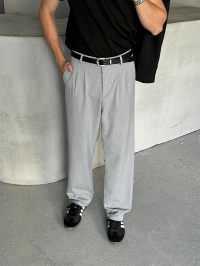 Erkek Pileli Baggy Kalıp Kumaş Pantolon Gri