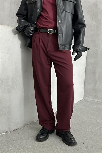 Erkek Pileli Baggy Kalıp Kumaş Pantolon Bordo
