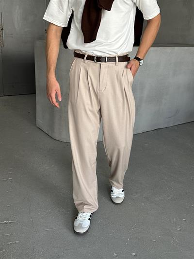 Outlet Pileli Baggy Kalıp Kumaş Pantolon KREM