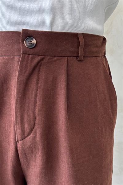 Erkek Pileli Baggy Keten Şort Kahverengi