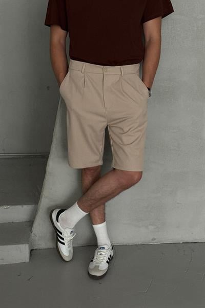 Erkek Pileli Baggy Şort Krem