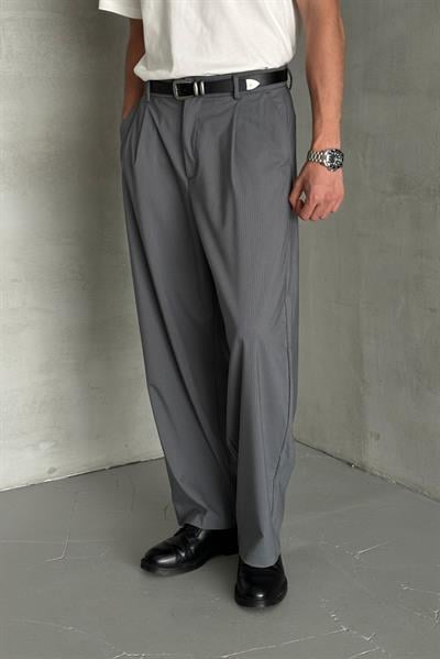 Erkek Pileli Ekstra Baggy Kalıp Kumaş Pantolon Gri
