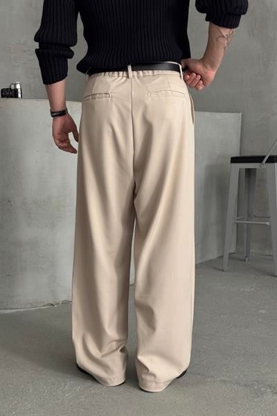 Erkek Pileli Ekstra Baggy Kalıp Kumaş Pantolon Krem