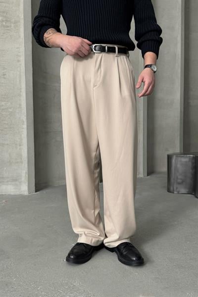Erkek Pileli Ekstra Baggy Kalıp Kumaş Pantolon Krem