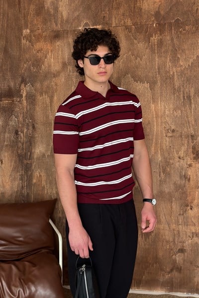 Erkek Polo Yaka Çizgili Triko T-shirt Bordo