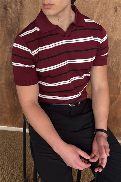 Erkek Polo Yaka Çizgili Triko T-shirt Bordo