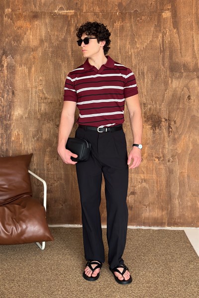 Erkek Polo Yaka Çizgili Triko T-shirt Bordo