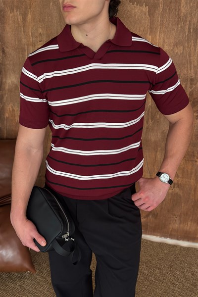Erkek Polo Yaka Çizgili Triko T-shirt Bordo