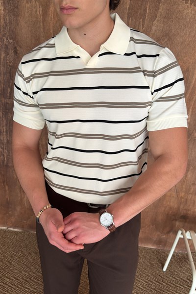 Erkek Polo Yaka Çizgili Triko T-shirt Ekru