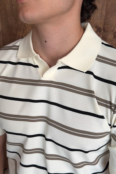 Erkek Polo Yaka Çizgili Triko T-shirt Ekru