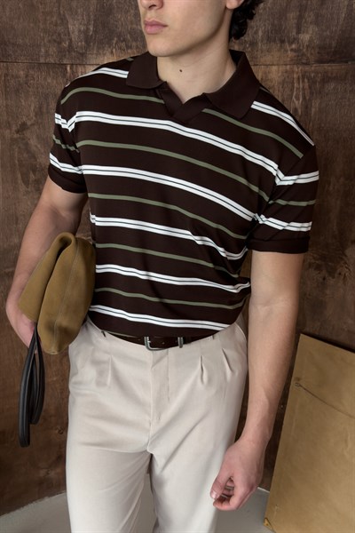 Erkek Polo Yaka Çizgili Triko T-shirt Kahverengi