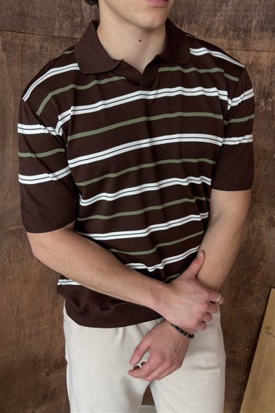 Erkek Polo Yaka Çizgili Triko T-shirt Kahverengi