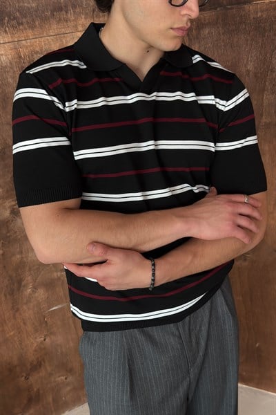 Erkek Polo Yaka Çizgili Triko T-shirt Siyah