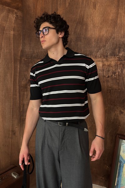 Erkek Polo Yaka Çizgili Triko T-shirt Siyah