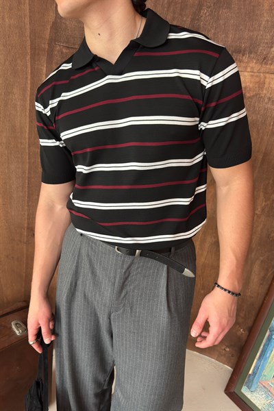 Erkek Polo Yaka Çizgili Triko T-shirt Siyah