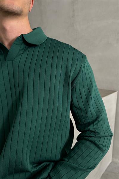 Erkek Polo Yaka Fitilli Oversize Triko Kazak Petrol Yeşil