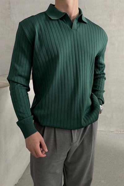 Erkek Polo Yaka Fitilli Oversize Triko Kazak Petrol Yeşil