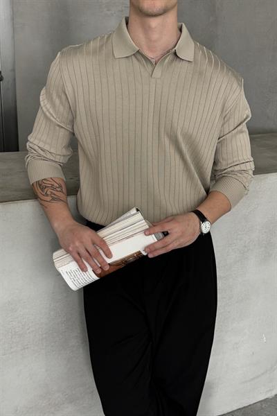 Erkek Polo Yaka Fitilli Oversize Triko Kazak Bej