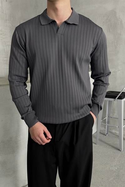 Erkek Polo Yaka Fitilli Oversize Triko Kazak Antrasit