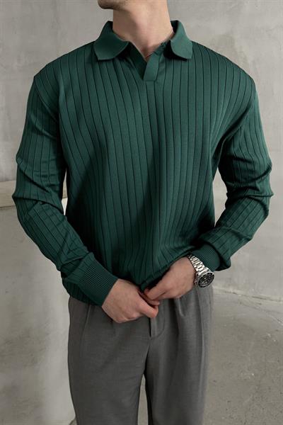 Erkek Polo Yaka Fitilli Oversize Triko Kazak Petrol Yeşil
