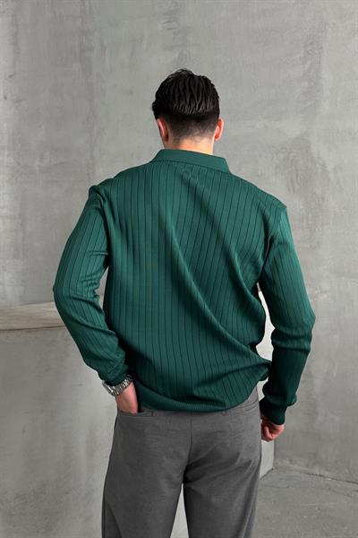 Erkek Polo Yaka Fitilli Oversize Triko Kazak Petrol Yeşil